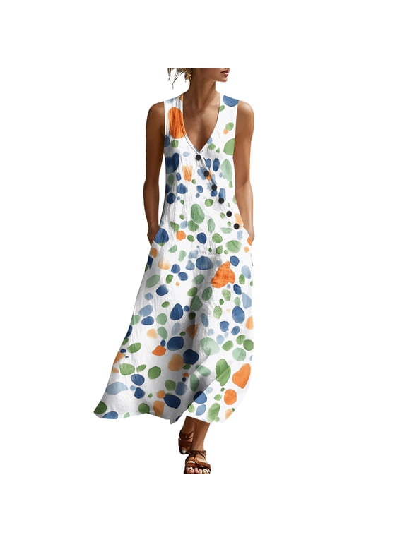 Summer Tank Dress for Women Casual V Neck Maxi Dresses Floral Print Sundress Sleeveless Loose Fit and Flare Dresses with Pockets Multicolor,M