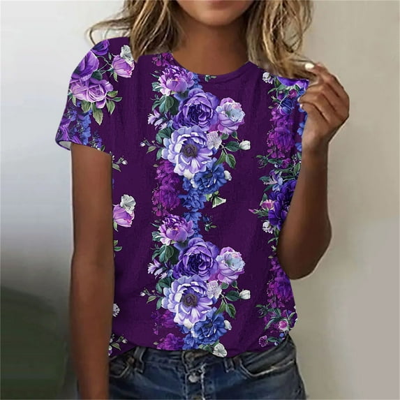 UPPADA Summer Tops for Women 2024 Alzheimers Awareness Shirts Round Neck Dressy Casual Blouses Purple Ribbon Support Shirts Dementia Alzheimers Tshirts,Gifts For Women With Dementia