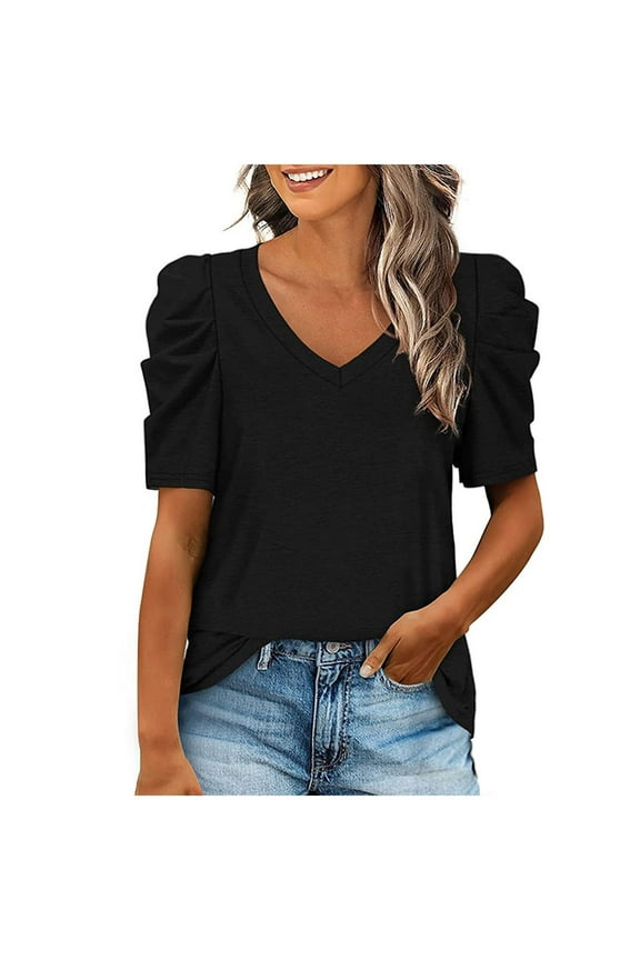 Summer Tops for Women Lace Crochet Embroidery Crewneck T Shirts Boho Short Sleeve Tops Dressy Casual Ruffle Sleeve Elegant Work Blouses Black,L