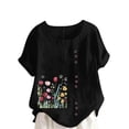 thumbnail image 1 of UPPADA Summer Tops for Women Trendy Short Sleeve Crewneck Linen Shirts Floral Print Loose Fit Tunic Blosues Vintage Cotton Linen Dressy Tshirts Black,XXXXXL, 1 of 5