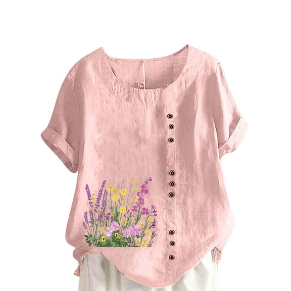 UPPADA Summer Tops for Women Trendy Short Sleeve Crewneck Linen Shirts Floral Print Loose Fit Tunic Blosues Vintage Cotton Linen Dressy Tshirts Pink,XXXXXL