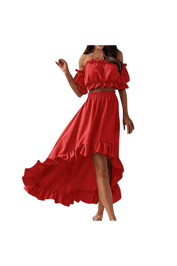 Summer Two Piece Dress for Women 2024 Wedding Guest Formal Set Solid One Shoulder Tube Tops Irregular Skirt Dress