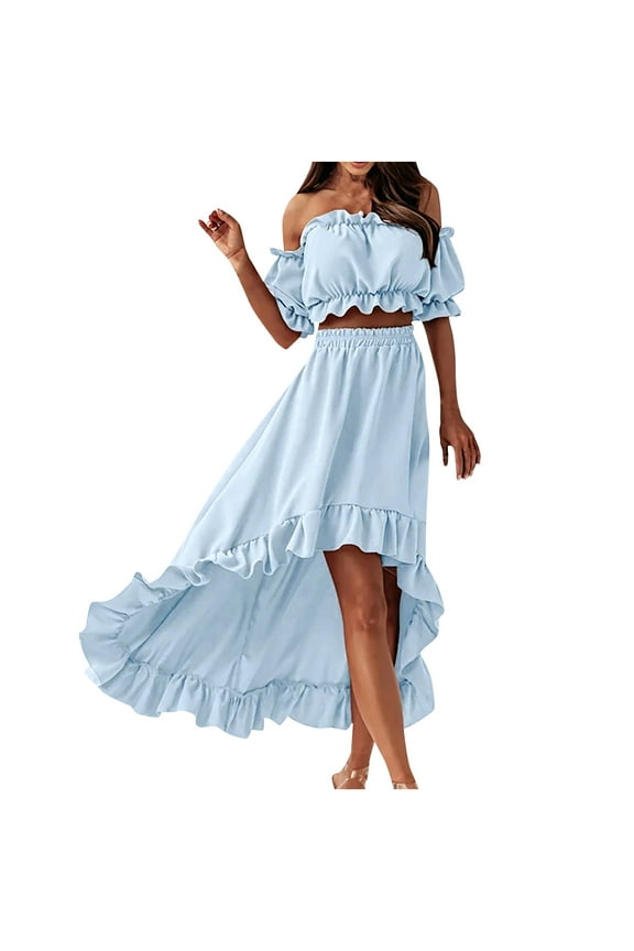 Summer Two Piece Dress for Women 2024 Wedding Guest Formal Set Solid One Shoulder Tube Tops Irregular Skirt Dress