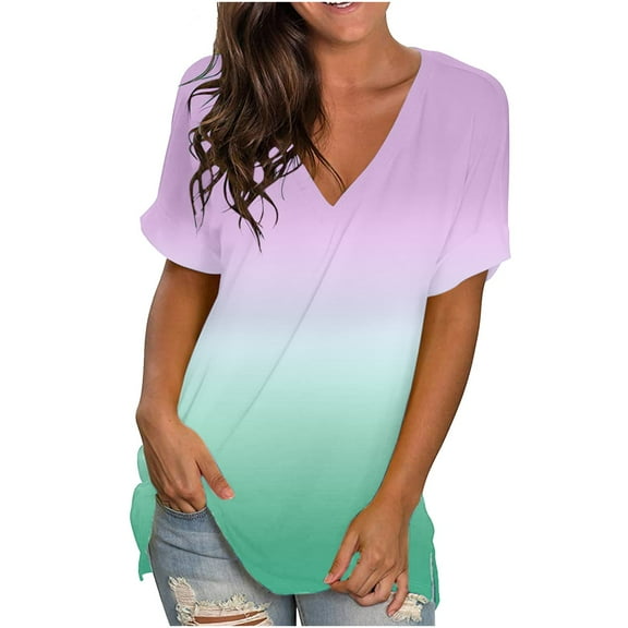 UPPADA Summer V Neck T Shirts For Women,Trendy Loose Fit Gradient Tunic Tops Casual Short Sleeve Comfy Plus Size Tee Blouse