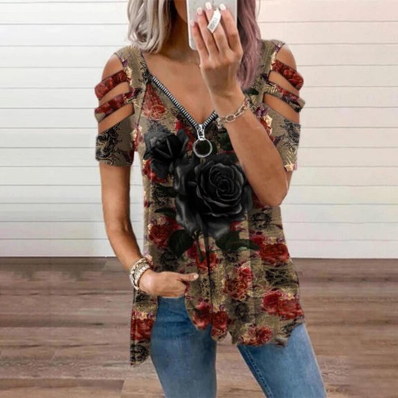 UPPADA Summer Womens Cold Shoulder Tops Trendy Short Sleeve Tee Shirts Casual Print Tunic Zipper V Neck Low Cut Blouse