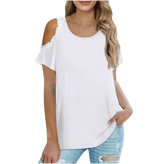 UPPADA Summer Womens Cold Shoulder Tshirt Tops Fashion Loose Fit Tunic Tees Ladies Casual Short Sleeve Lace Blouses