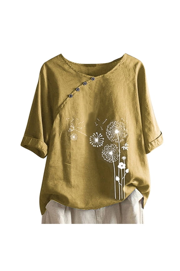 Summer Womens Cotton Linen 3/4 Sleeve Tops Vintage Irregular Neck Tunic Top Casual Loose Fit Shirts Plus Size Blouse