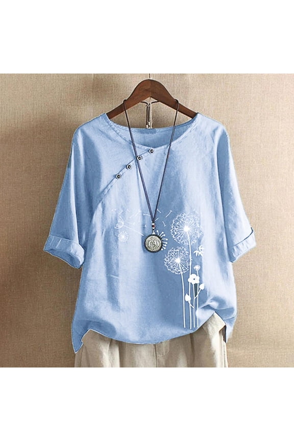 Summer Womens Cotton Linen Short Sleeve Tops Trendy Dandelion Button Shirts Casual Loose Fit Tunic Plus Size Blouse