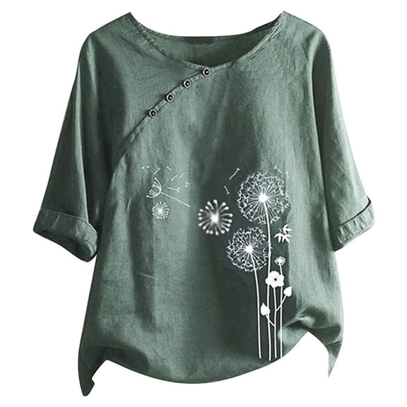 UPPADA Summer Womens Short Sleeve Cotton Linen Tshirt Tops Fashion Floral Print Plus Size Tunic Tees Button Casual Loose Fit Blouses
