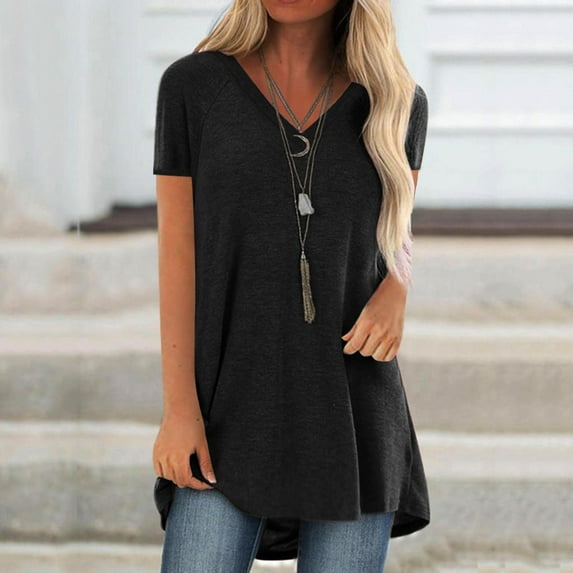 UPPADA Summer Womens Short Sleeve Tunic Tops Casual Loose Fit V Neck T Shirts Solid Plus Size Long Tees Soft Flowy Blouse