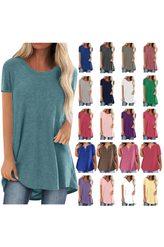 Summer Womens Short Sleeve Tunic Tops To Wear With Leggings Casual Loose Fit Long Tee Shirts Comfy Plus Size Blouses