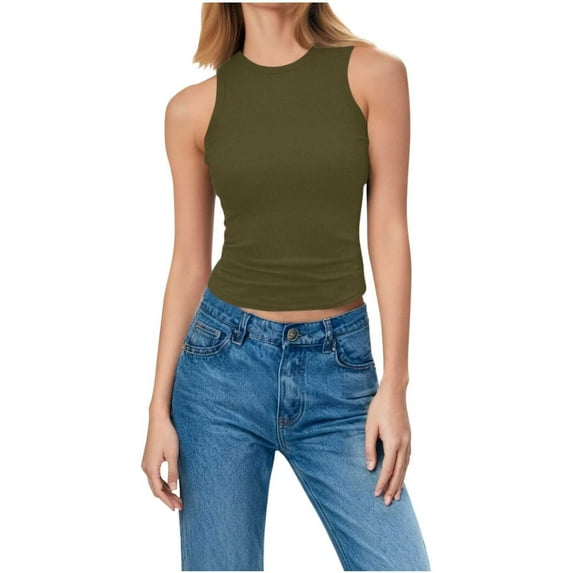 UPPADA Summer Workout Tank Tops Trendy Sleeveless Knitted Shirts Racerback Casual Basic Ribbed Slim Fitted Shirts Ladies Crewneck Daily Blouses,army green tank tops L