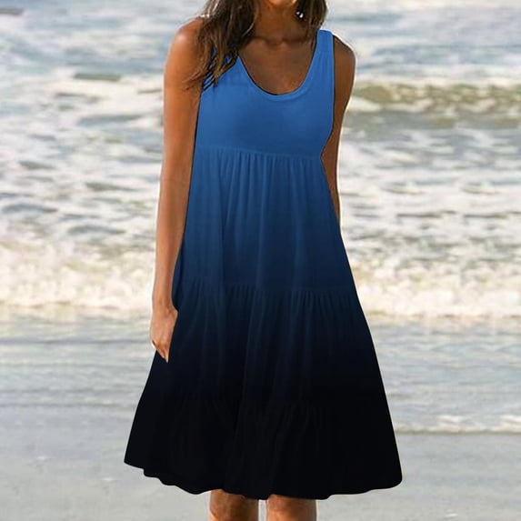 UPPADA Sundresses for Women Sleeveless Cute Mini Dress Tiered Summer Flowy Boho Sundress Beach Casual Beach Resort Wear Vacation Sun Dresses Spring Summer Tank Dress Dark Blue,L