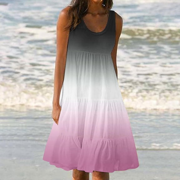 UPPADA Sundresses for Women Sleeveless Cute Mini Dress Tiered Summer Flowy Boho Sundress Beach Casual Beach Resort Wear Vacation Sun Dresses Spring Summer Tank Dress Pink,M