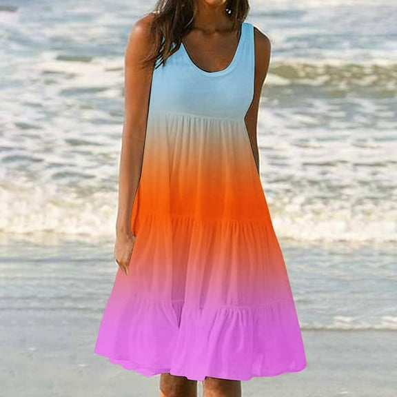 UPPADA Sundresses for Women Sleeveless Cute Mini Dress Tiered Summer Flowy Boho Sundress Beach Casual Beach Resort Wear Vacation Sun Dresses Spring Summer Tank Dress Orange,XL
