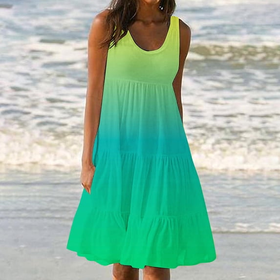 UPPADA Sundresses for Women Sleeveless Cute Mini Dress Tiered Summer Flowy Boho Sundress Beach Casual Beach Resort Wear Vacation Sun Dresses Spring Summer Tank Dress Green,XXXL
