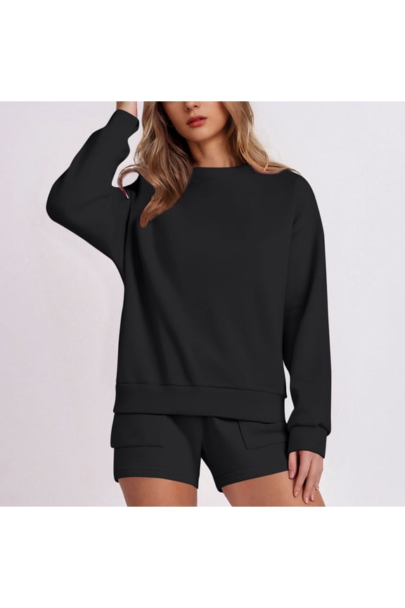 Sweat Sets for Women 2 Piece Crewneck Long Sleeve Sweatshirts and Short Sweatpants Oversized Casual Solid Shirts Two Piece Set Summer Outfits Black,L