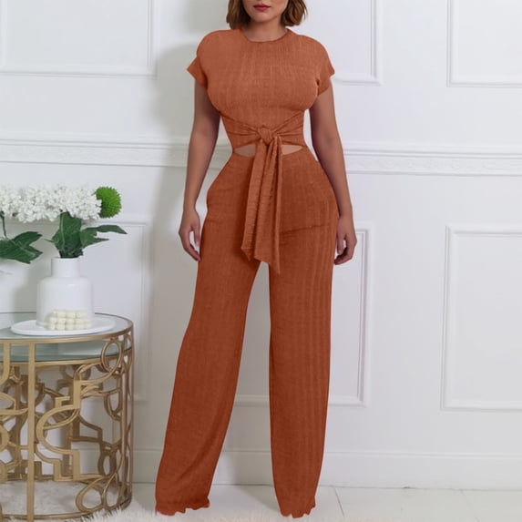 UPPADA Sweat Suits for Women,Fall Sets for Women 2 Piece Outfits Casual Ribbed Knit Sets Short Sleeve Tops and Wide Leg Pants Lounge Set Travel Tracksuit Set Brown,XL