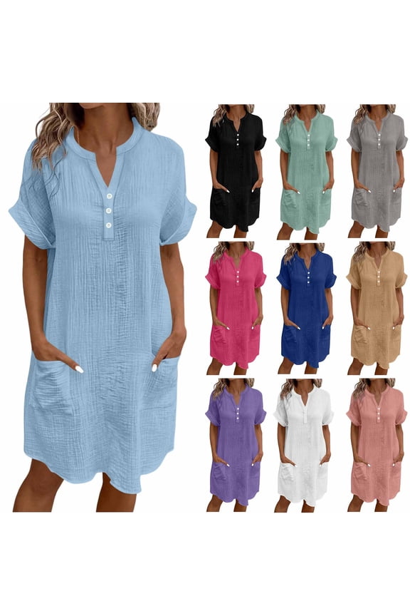 T Shirt Dress for Women Cotton Boho Dress V Neck Casual Summer Beach Dresses Short Sleeve Party Dress with Pockets Black,XXL