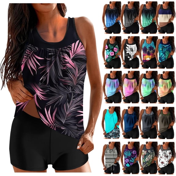 UPPADA Tankini Bathing Suits for Women Modest Swimsuits Plus Size Two Piece Tankini Swimwear with Bra Crewneck Floral Top and Boy Shorts 2pc Comfy Vacation Bathing Suits Clearance on Sale Wine,XXL