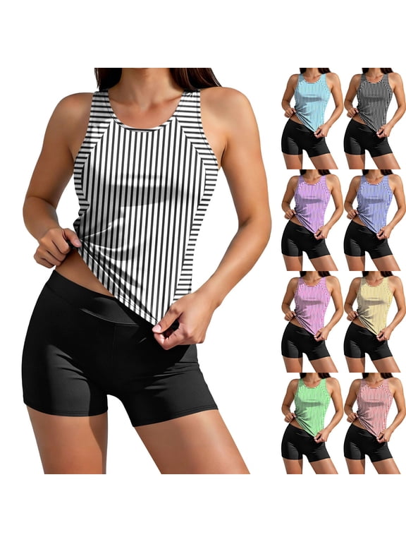 Tankini Bathing Suits for Women Two Piece Beach Sets Ladies Crewneck Padded Tank Tops With Board Shorts Set Tummy Control Two Piece Bathing Suits Hot Pink Swimsuit,M