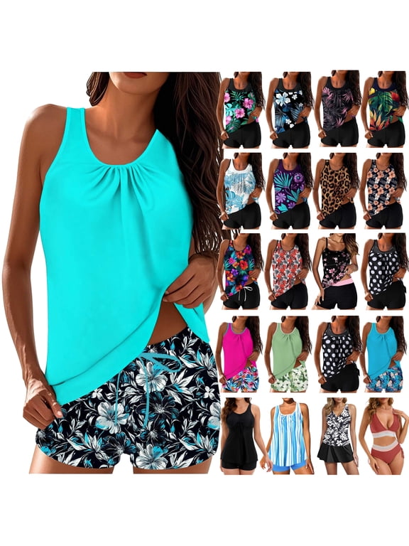 Tankini Swimsuits for Women Floral Print Two Piece Bathing Suits Tummy Control Modest Swimsuit Blouson Swim Tops with Boy Shorts Bathing Suit Women Clearance Blue,L