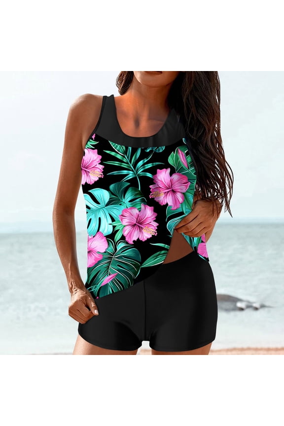 Tankini Swimsuits for Women Floral Print Two Piece Bathing Suits Tummy Control Modest Swimsuit Blouson Swim Tops with Boy Shorts Modest Bathing Suit for Women Clearance,Blue,M
