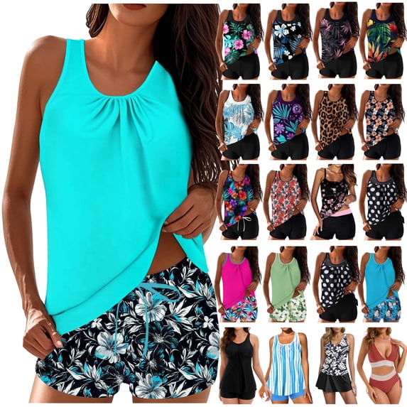 UPPADA Tankini Swimsuits for Women Floral Print Two Piece Bathing Suits Tummy Control Modest Swimsuit Blouson Swim Tops with Boy Shorts Swimsuits Women Clearance Blue,L