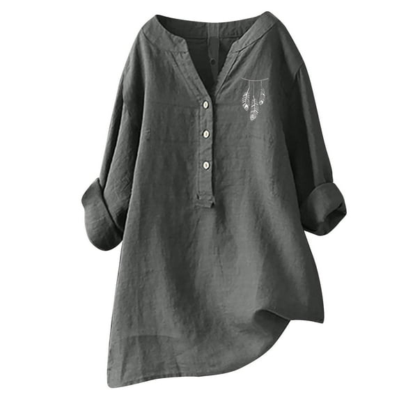 Summer Savings Clearance 2024! UPPADA Three Quarter Sleeve Tops Woman Cotton Linen Shirts Fashion Floral Print Tee Shirt Button Down Blouse V Neck Tshirts Prime Daily Deals