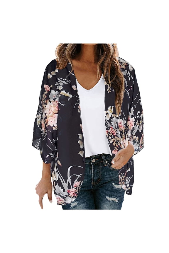 Tops for Women Casual Summer, Women's Puff Sleeve Kimono Cardigan Tops Floral Print Chiffon Cover Up Blouses blusas de mujer de moda blusas casuales bonitas blusas elegantes