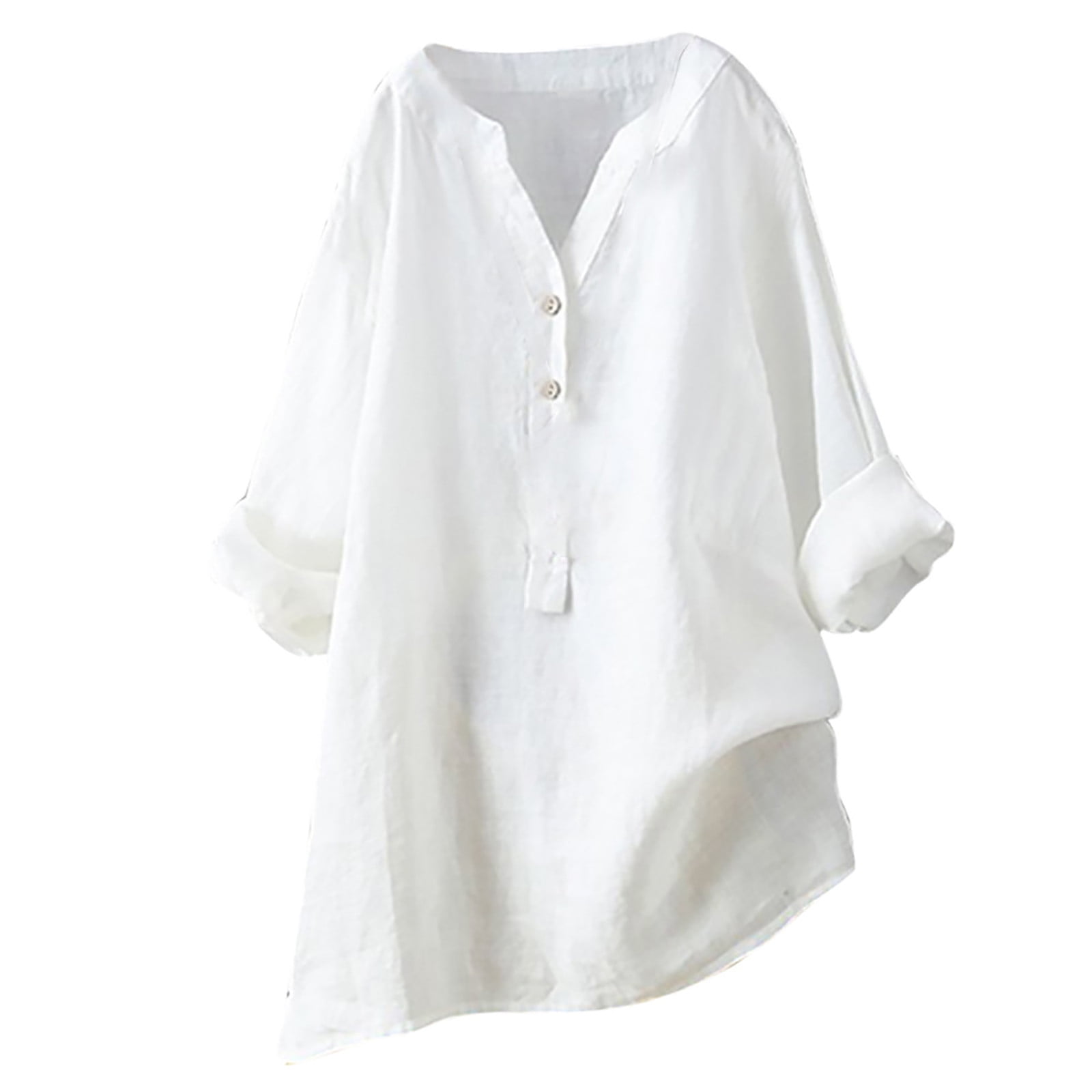 UPPADA Tops for Women Summer Cotton Linen Shirts Solid Color Shirt 3/4 ...