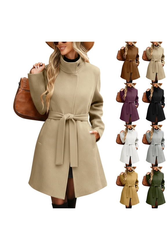 Trench Coats Womens Fashion Long Wool Coats Fall Winter Open Front Trench Coat Peacoat with Belt Beige,XL