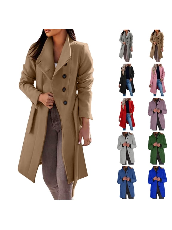Trench Coats for Women Solid Color Elegant Overcoat Notch Lapel Single Breasted Peacoat Wool Blend Mid Long Jackets,Green S