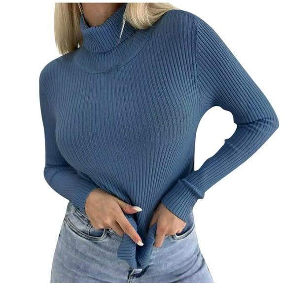UPPADA Turtleneck Sweater Womens Fall Winter Long Sleeve Seamless Knit Sweaters Casual Crewneck Pullover Tops Warm Comfy Sweatshirts Blue,L