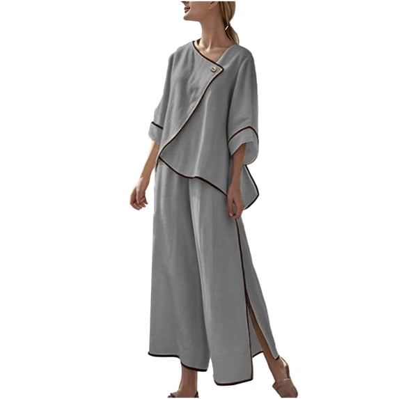 UPPADA Two Piece Lounge Set for Women V Neck Pleated Short Sleeve Shirts and Wide Leg Pants Sets 2 Piece Outfits for Women formal Evening Gray,XL