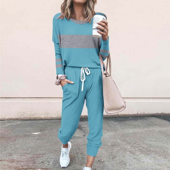UPPADA Two-Piece Loungewear Sets for Women,Womens 2 Piece Sets Long Sleeve Tops High Waisted Sweatpants Lounge Set Fall Fashion Travel Outfits High Waist Pants with Pockets Light Blue,XXXL