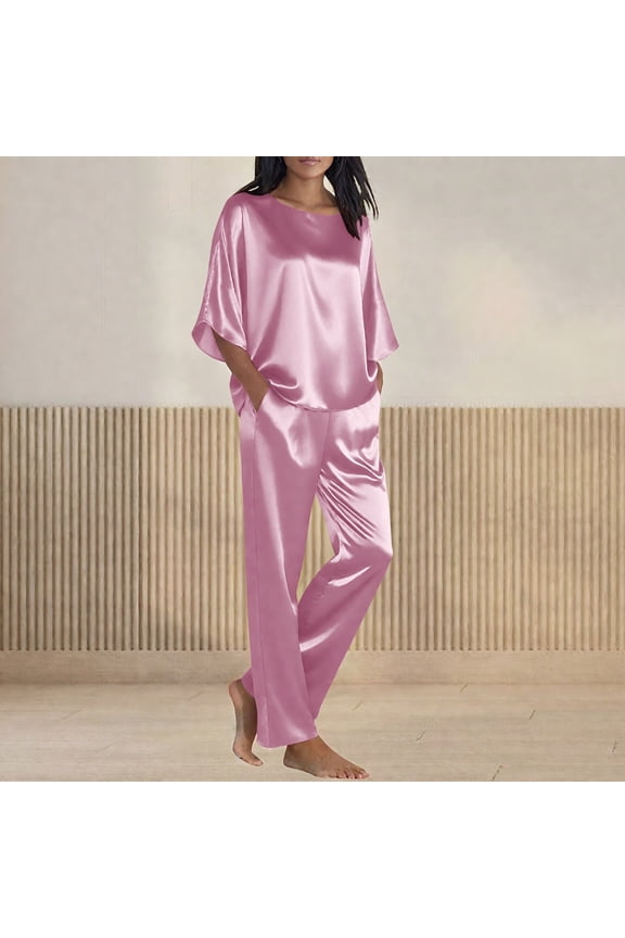 Two Piece Satin Pants Set for Women Comfy Going Home Outfit 2 Piece Lounge Wear Set 2 Piece Fall Outfits for Ladies 2 Piece Sets Plus Size Sets Pink,L