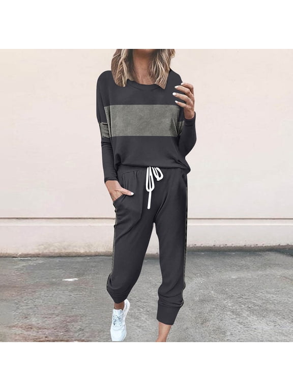Two Piece Sets for Women Lounge Outfit Long Sleeve Crewneck Pullover Tops High Waisted Pants Set Tracksuit with Pockets Dark Gray,XXL