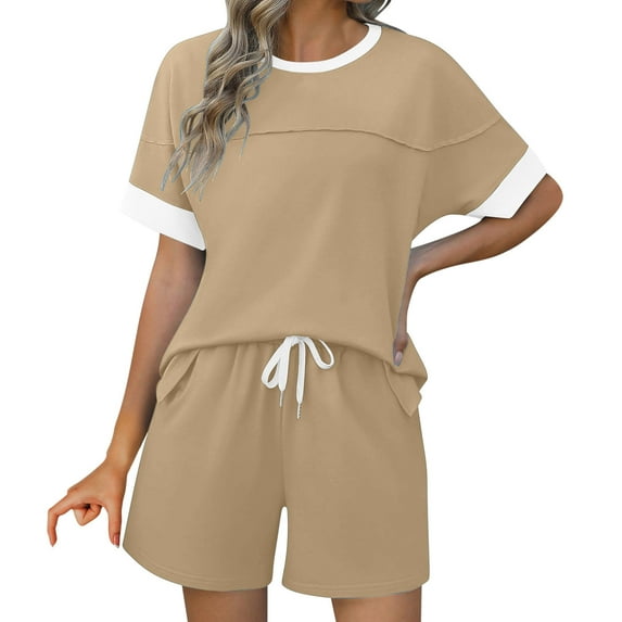 UPPADA Two Piece Sets for Women Lounge Sets Summer Crew Neck Shirts and Short Sets Cap Sleeve Drawstring Sweatsuit with Pocket Coffee,L