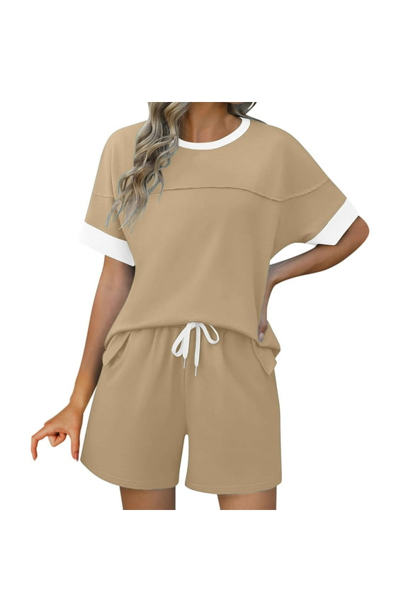 Two Piece Sets for Women Lounge Sets Summer Crew Neck Shirts and Short Sets Cap Sleeve Drawstring Sweatsuit with Pocket Coffee,S