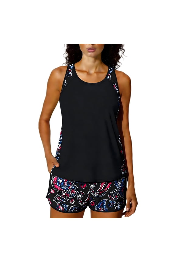 Two Piece Tankini Bathing Suits Athletic Tankini Swimsuits Crewneck Modest Blouson Swim Tops with Boy Shorts Ladies Tummy Control Bathing Suits biquinis de mujer Navy,L