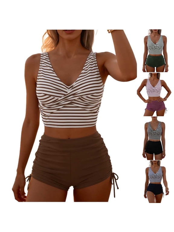 Two Piece Tankini Swimsuits for Women Cute V Neck Swimwear with Shorts Tummy Control Bathing Suits Athletic Swimwear Ladies Swimsuits Black Swim Suits for Women,L