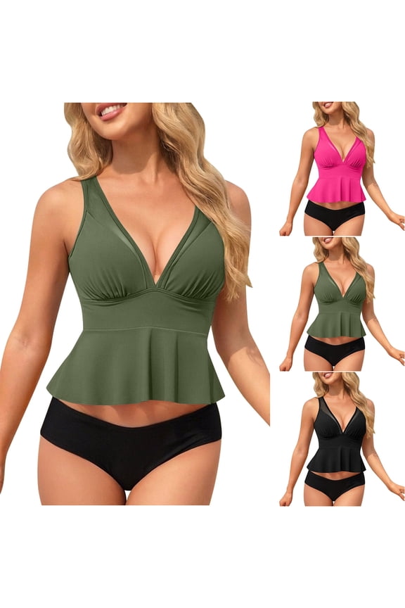Two Piece Tankini Swimsuits for Women Cute V Neck Swimwear with Shorts Tummy Control Bathing Suits Athletic Swimwear Ladies Swimsuits Black Swimsuit for Women,L