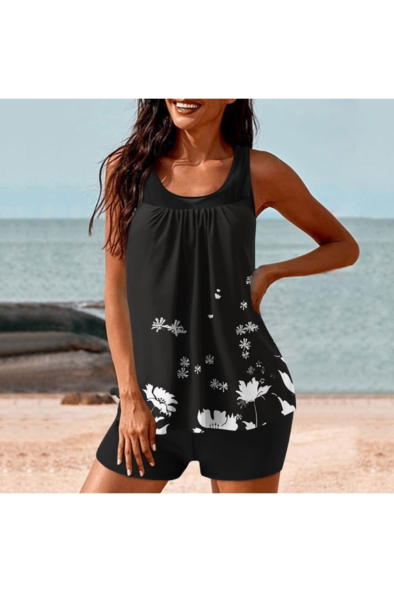 Two Piece Tankini Swimsuits for Women High Waisted 2 Piece Bathing Suits Floral Print Tankini Set Tummy Control Modest Swimwear for Holiday Ladies Swimsuits for Older Women Multicolor,L