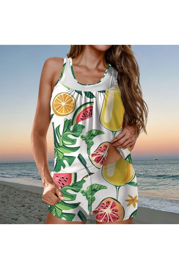 Two Piece Tankini Swimsuits for Women High Waisted 2 Piece Bathing Suits Floral Print Tankini Set Tummy Control Modest Swimwear for Holiday Tankini Teens White,L