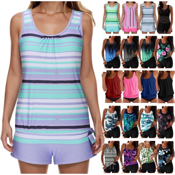 UPPADA Two Piece Tankini Swimsuits for Women Stripe Floral Print Tummy Control Bathing Suits Modest Swimsuit Swim Top with Shorts Tankini Swimsuits for Women Tummy Control Clearance,Blue,L
