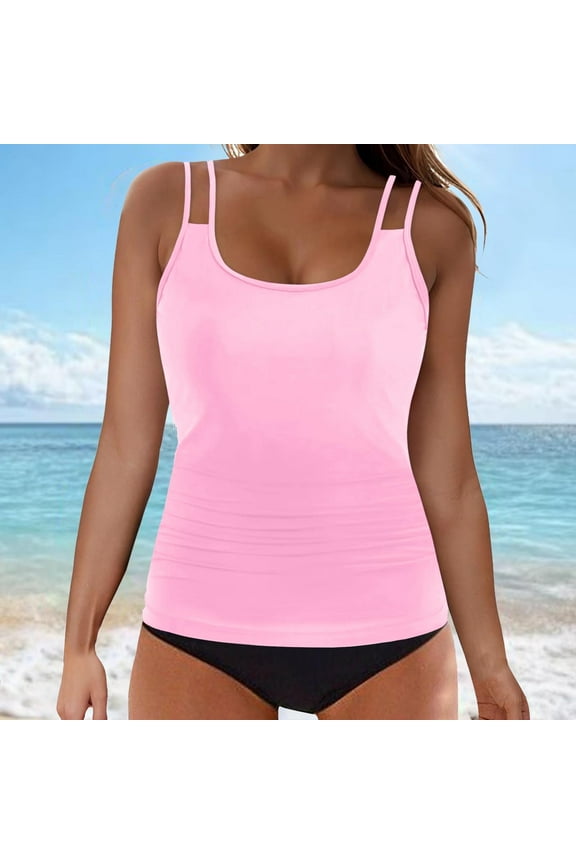 2 Piece Tankini Bathing Suits for Women Solid Crewneck High Waisted Modest Swimsuits with Shorts Comfy Beach Swimwear for Holiday Mom Swimsuits Pink,M