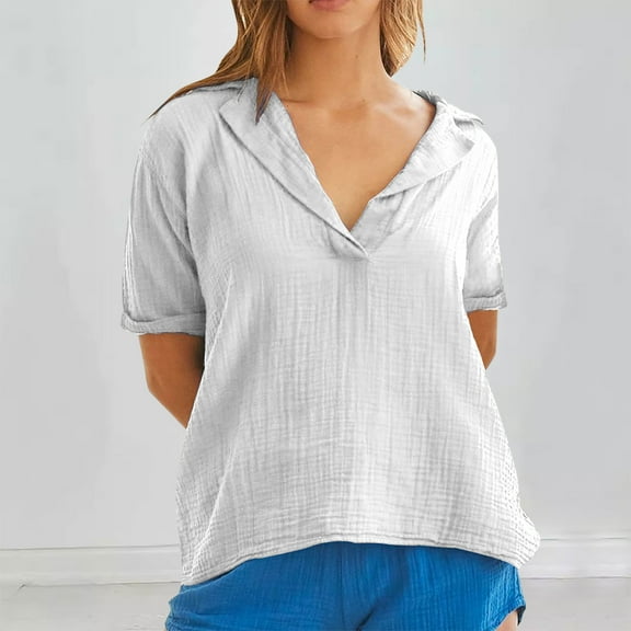 UPPADA Under 10 Womens V Neck Cotton Linen Shirts Roll Up Sleeve Pleated Blouses Solid Color Comfy Top Summer Casual Flowy Blouses White,XXXXXL