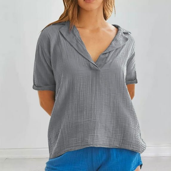 UPPADA Under 15 Womens V Neck Cotton Linen Shirts Roll Up Sleeve Pleated Blouses Solid Color Comfy Top Summer Casual Flowy Blouses Gray,S