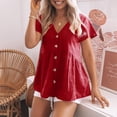 thumbnail image 1 of UPPADA Under 15 Womens V Neck Cotton Linen Shirts Roll Up Sleeve Pleated Blouses Solid Color Comfy Top Summer Casual Flowy Blouses Red,M, 1 of 8